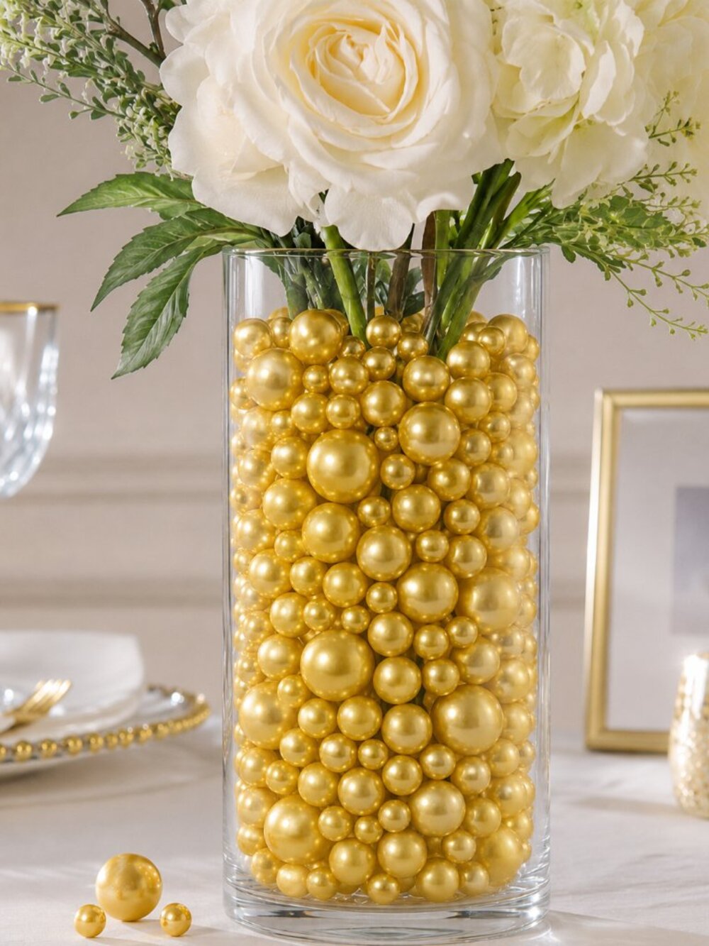 Gold Faux Pearl Beads & Clear Jelly Vase Filler Mixed Sizes